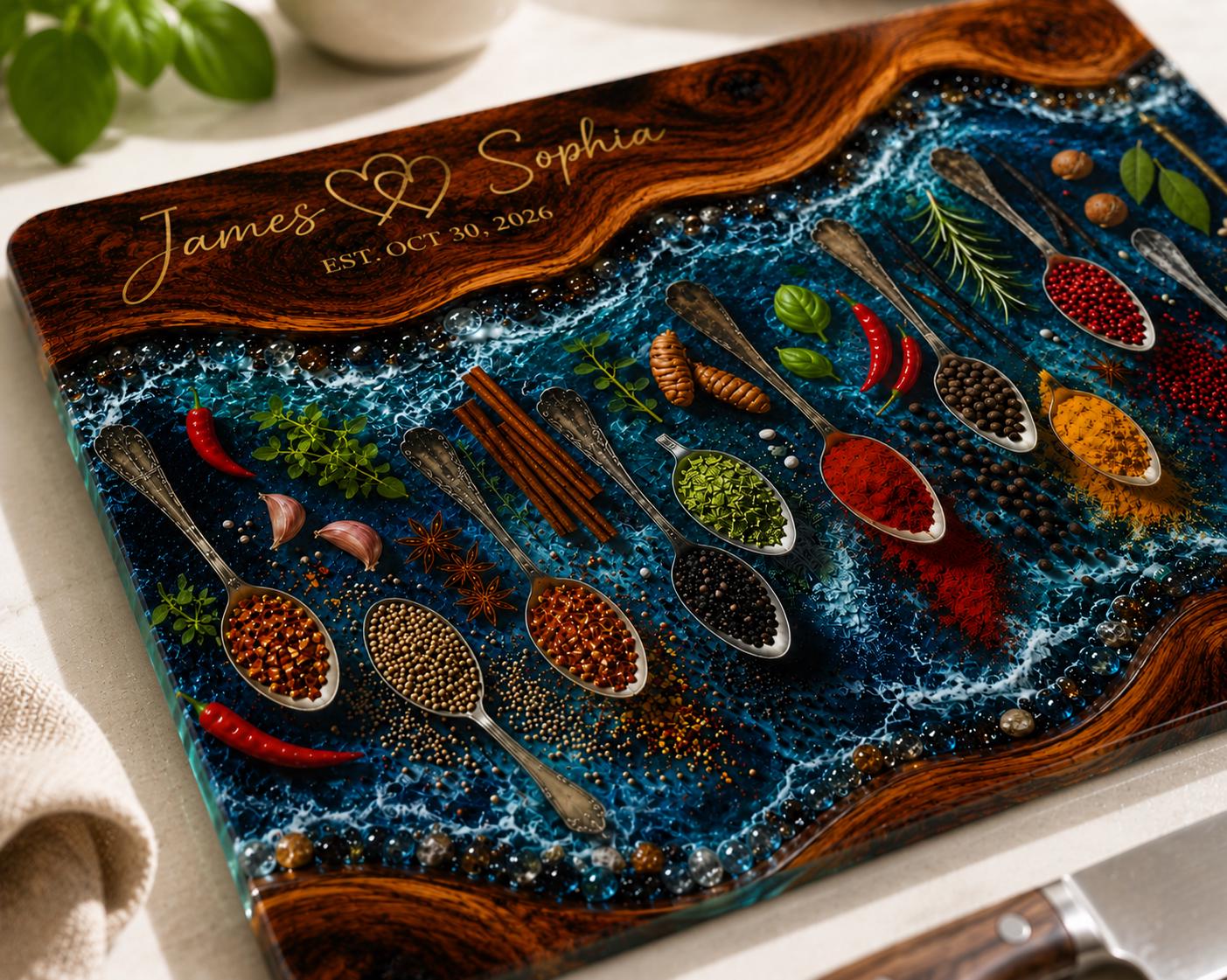 Personalised Epoxy Resin Glass Cutting Board | Spice Kitchen Decor | Custom Wedding, Anniversary & Housewarming Gift