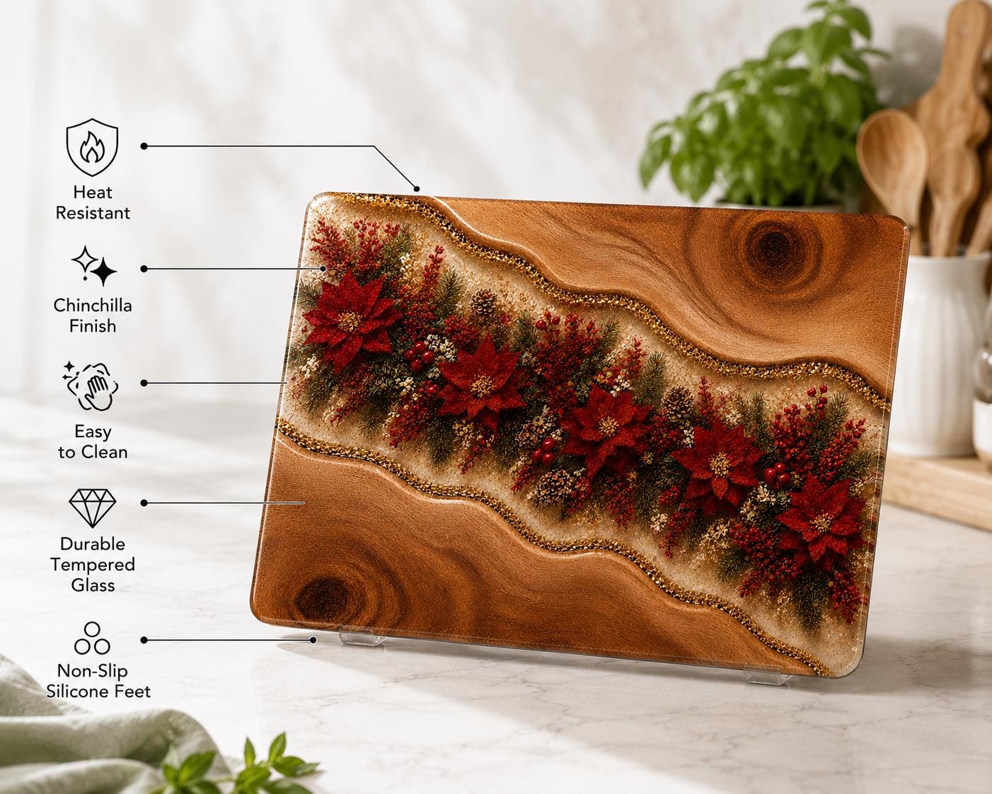 Personalized Christmas Glass Cutting Board | Tempered Glass Poinsettia Kitchen Gift | Holiday Worktop Saver | Rustic Christmas Decor