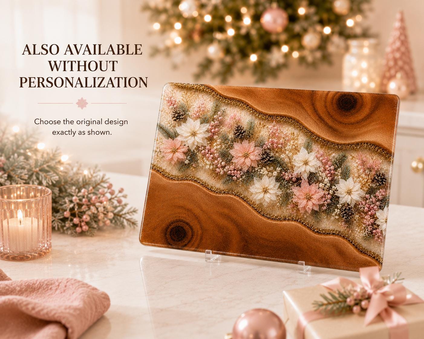 Personalised Christmas Glass Cutting Board, Pink Poinsettia Resin Style, Tempered Glass Worktop Saver, Christmas Kitchen Gift