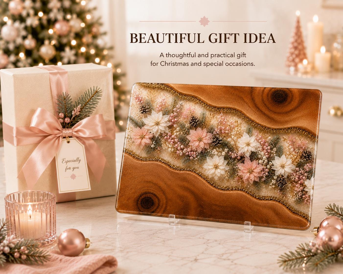 Personalised Christmas Glass Cutting Board, Pink Poinsettia Resin Style, Tempered Glass Worktop Saver, Christmas Kitchen Gift