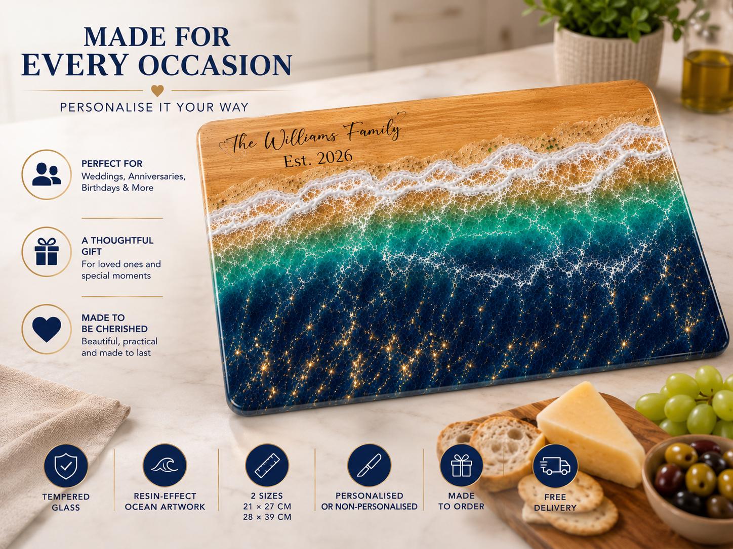 Personalised Tempered Glass Chopping Board, Resin Effect Ocean Beach Design, Coastal Wedding Anniversary Gift