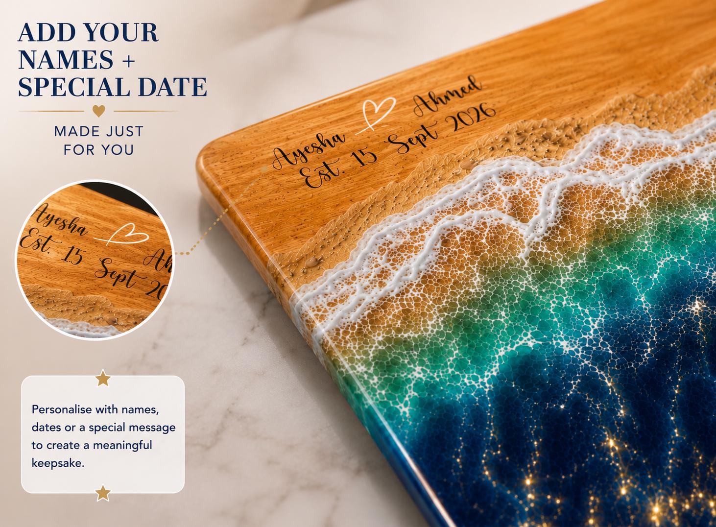 Personalised Tempered Glass Chopping Board, Resin Effect Ocean Beach Design, Coastal Wedding Anniversary Gift