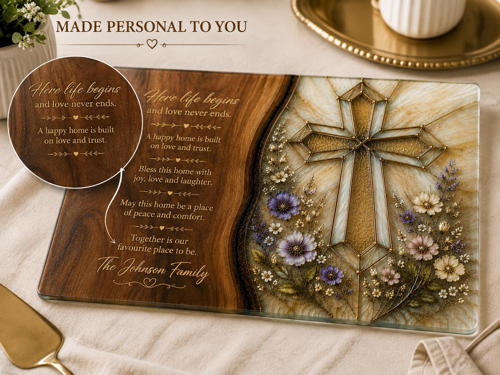 Personalised Christian Housewarming Gift, Glass Chopping Board with Family Blessing, Floral Cross Worktop Saver, New Home Gift