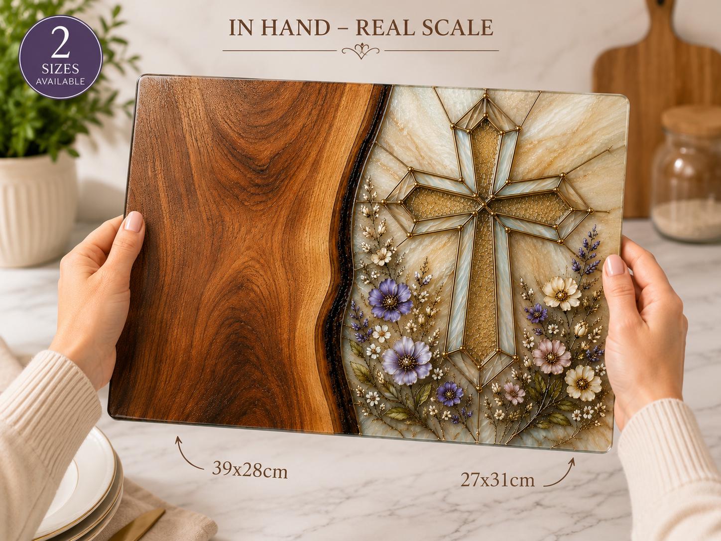 Personalised Christian Housewarming Gift, Glass Chopping Board with Family Blessing, Floral Cross Worktop Saver, New Home Gift