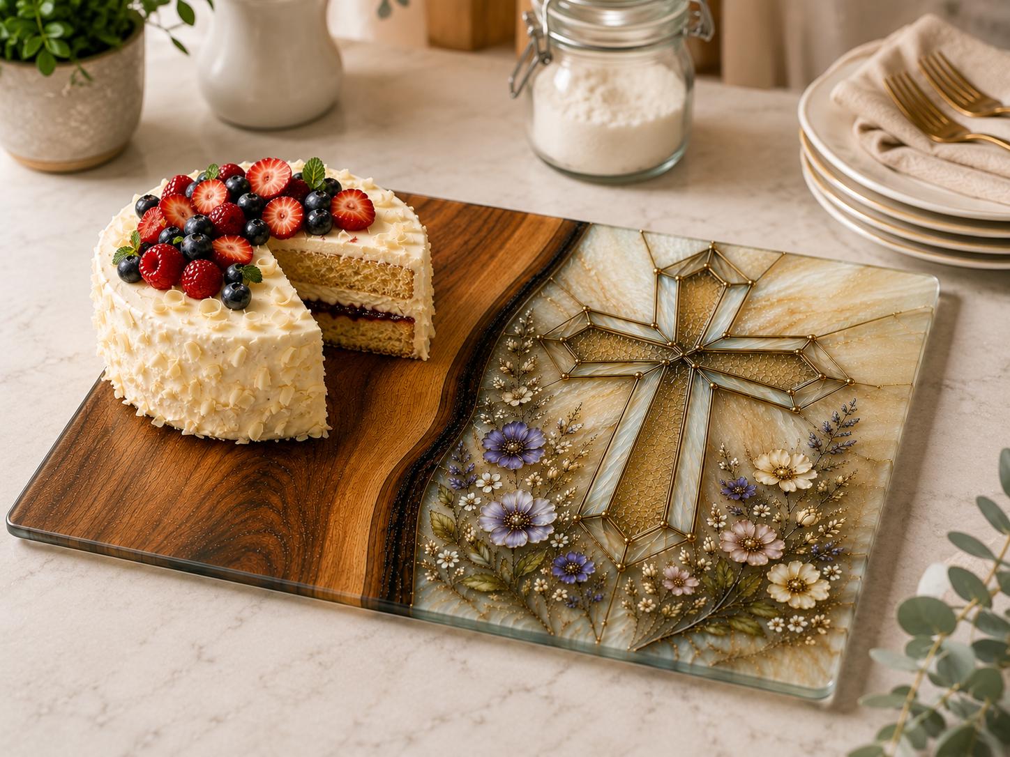 Personalised Christian Housewarming Gift, Glass Chopping Board with Family Blessing, Floral Cross Worktop Saver, New Home Gift