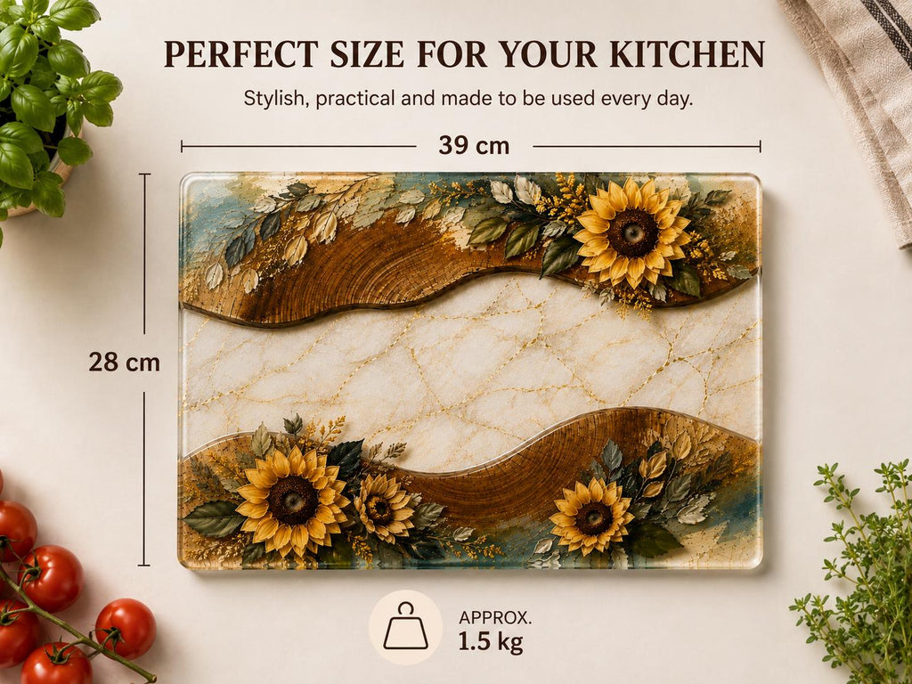Sunflower glass chopping board showing 28 x 39 cm dimensions and rectangular shape.