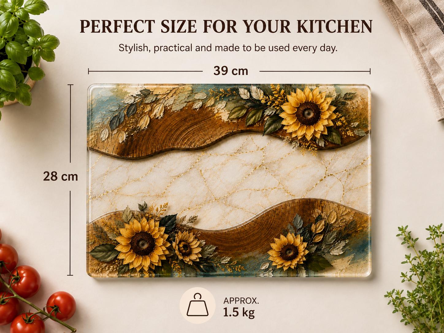 Sunflower glass chopping board showing 28 x 39 cm dimensions and rectangular shape.