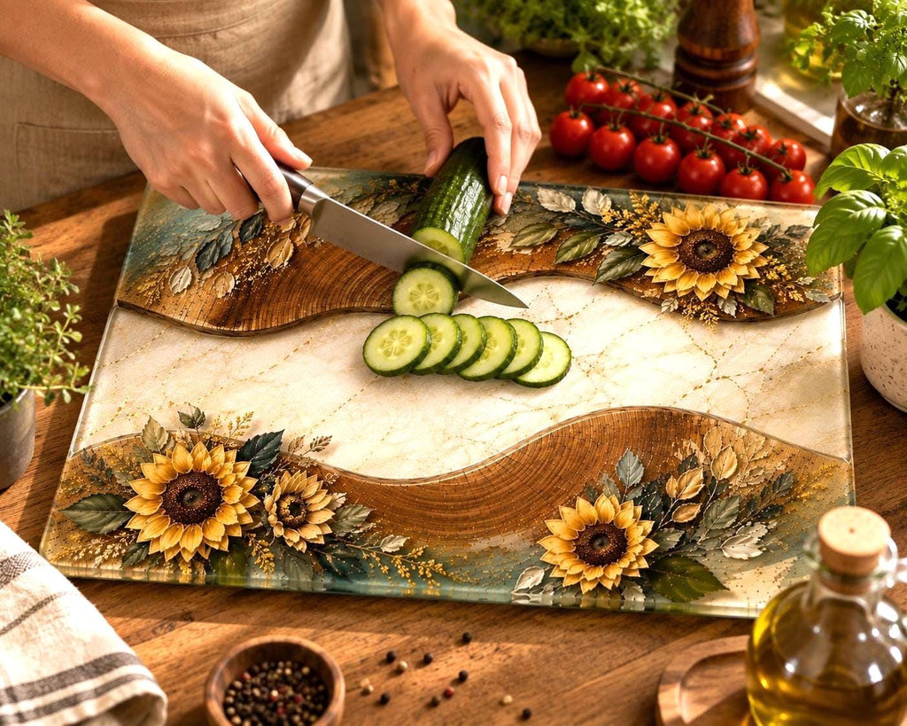 Sunflower glass chopping board displayed on a kitchen worktop with golden floral details and personalised family name.