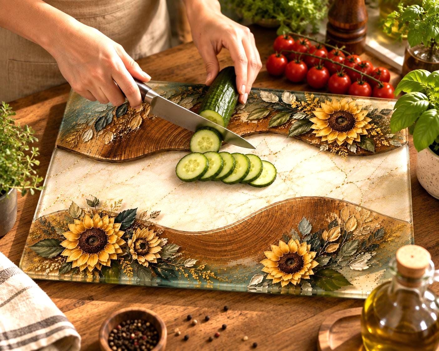 Sunflower glass chopping board displayed on a kitchen worktop with golden floral details and personalised family name.