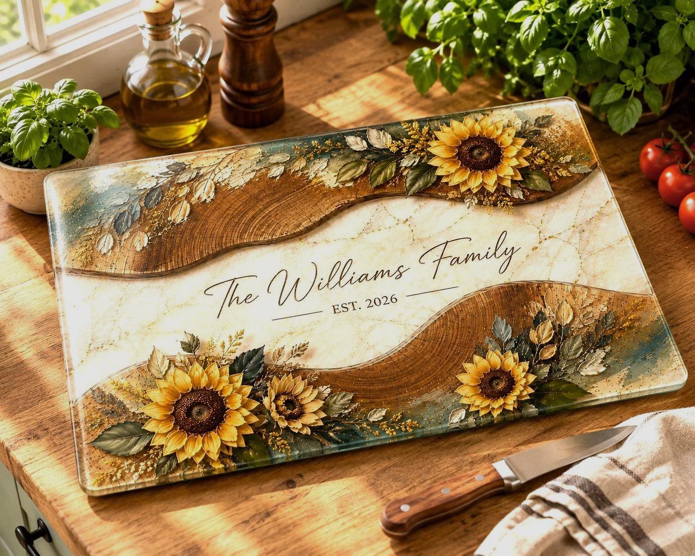 Personalised tempered glass chopping board with golden sunflowers, sage green leaves, wood effect details and custom family name.