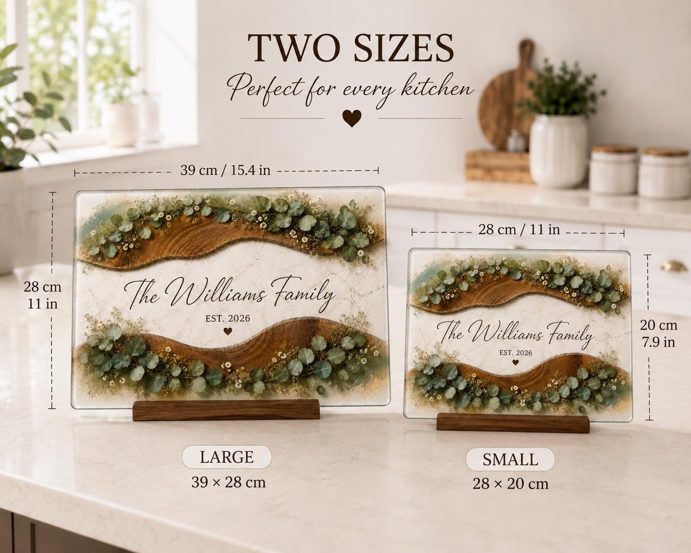 Decorative glass chopping board with botanical eucalyptus and daisy pattern for neutral farmhouse kitchen decor, shown in two sizes.