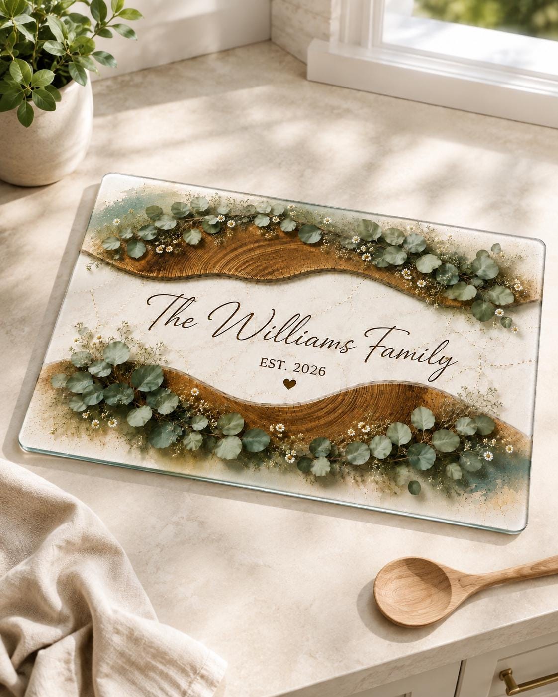 Personalized Glass Cutting Board with Eucalyptus Daisies, Custom Family Name Kitchen Board, Housewarming Wedding Gift