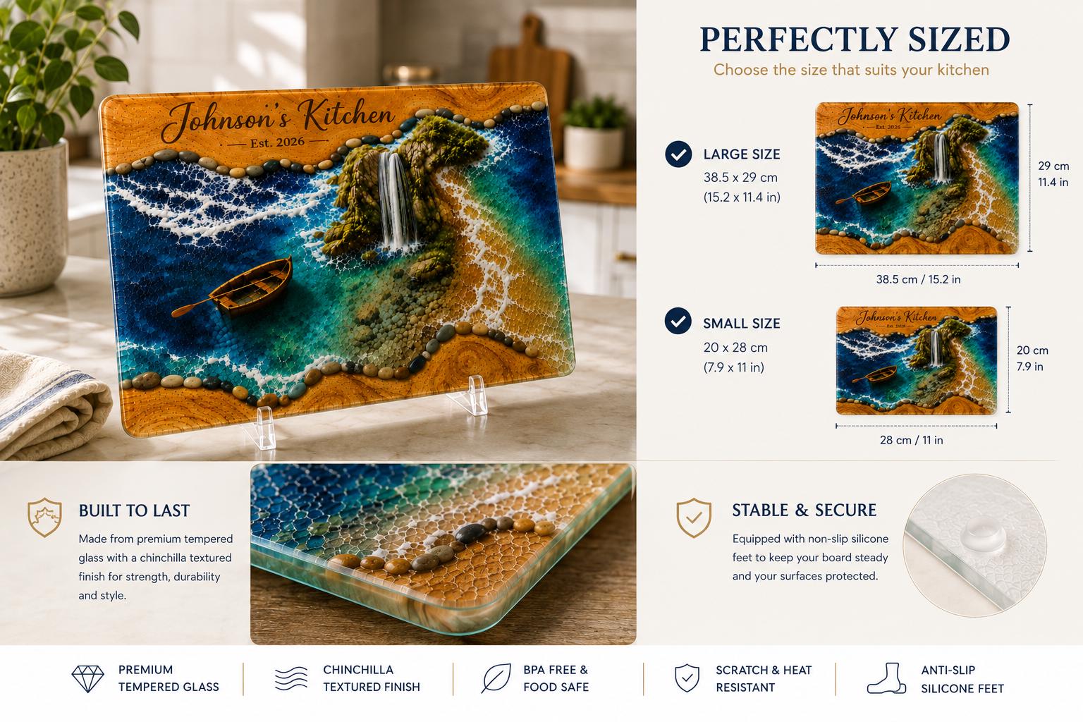 Personalized Coastal Waterfall Tempered Glass Cutting Board, Ocean Design