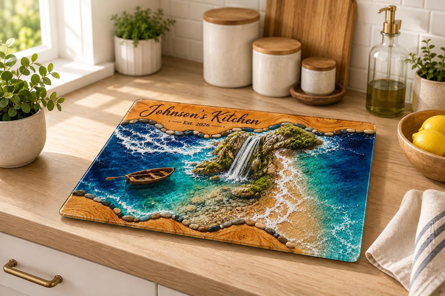 Personalized Coastal Waterfall Tempered Glass Cutting Board, Ocean Design