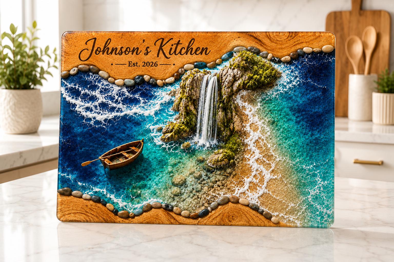 Personalized Coastal Waterfall Tempered Glass Cutting Board, Ocean Design