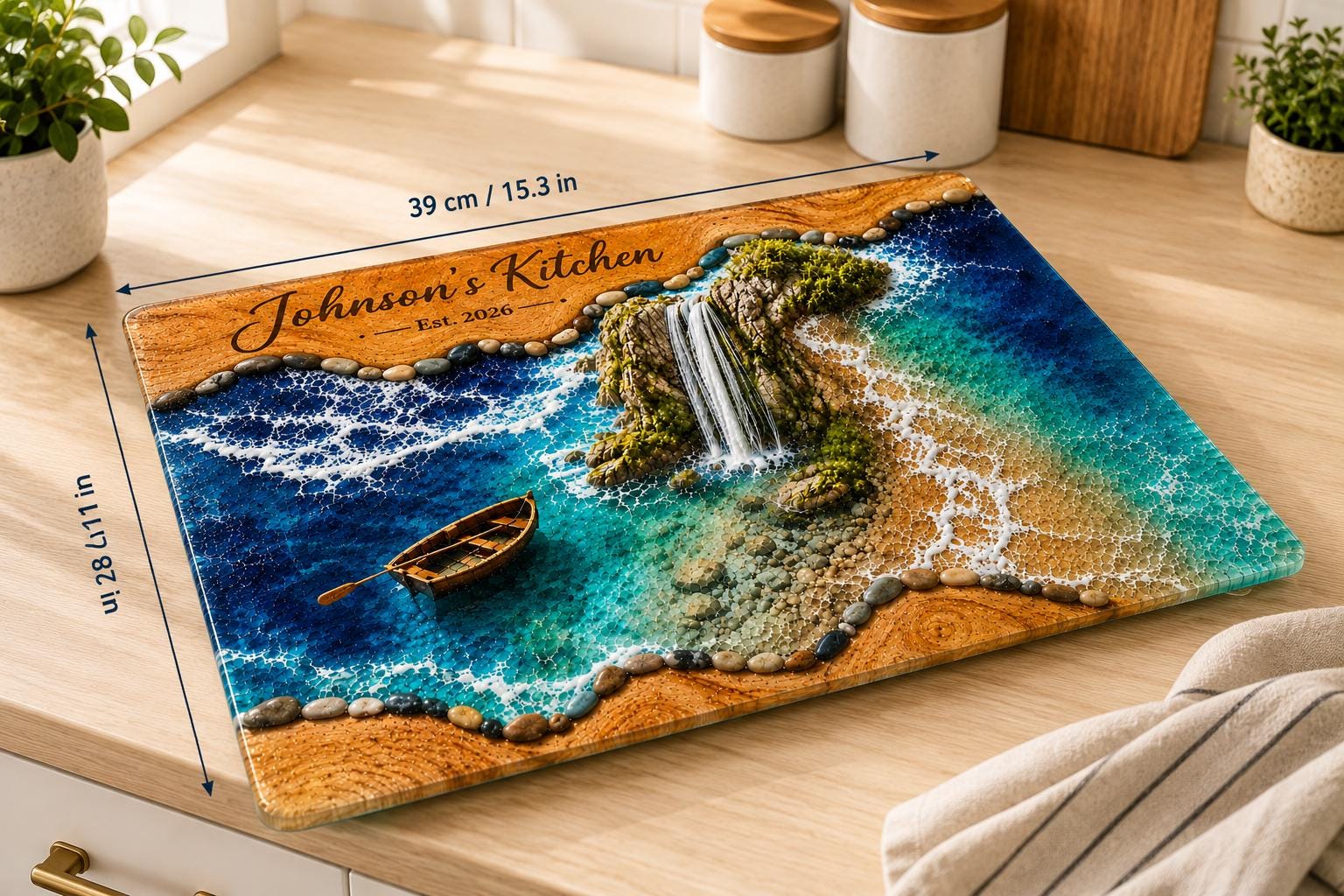 Personalized Coastal Waterfall Tempered Glass Cutting Board, Ocean Design