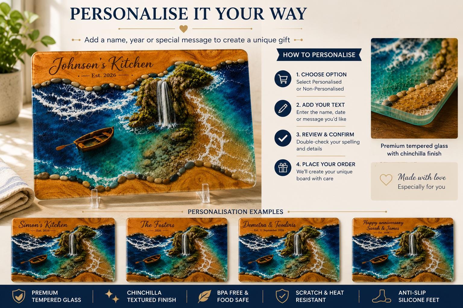 Personalized Coastal Waterfall Tempered Glass Cutting Board, Ocean Design