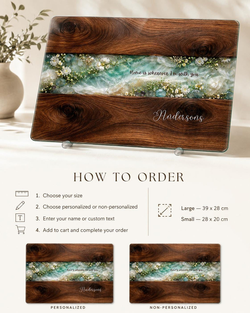 Personalised glass chopping board how to order guide showing 39 x 28 cm and 28 x 20 cm sizes, with personalised or non-personalised options and custom family name.