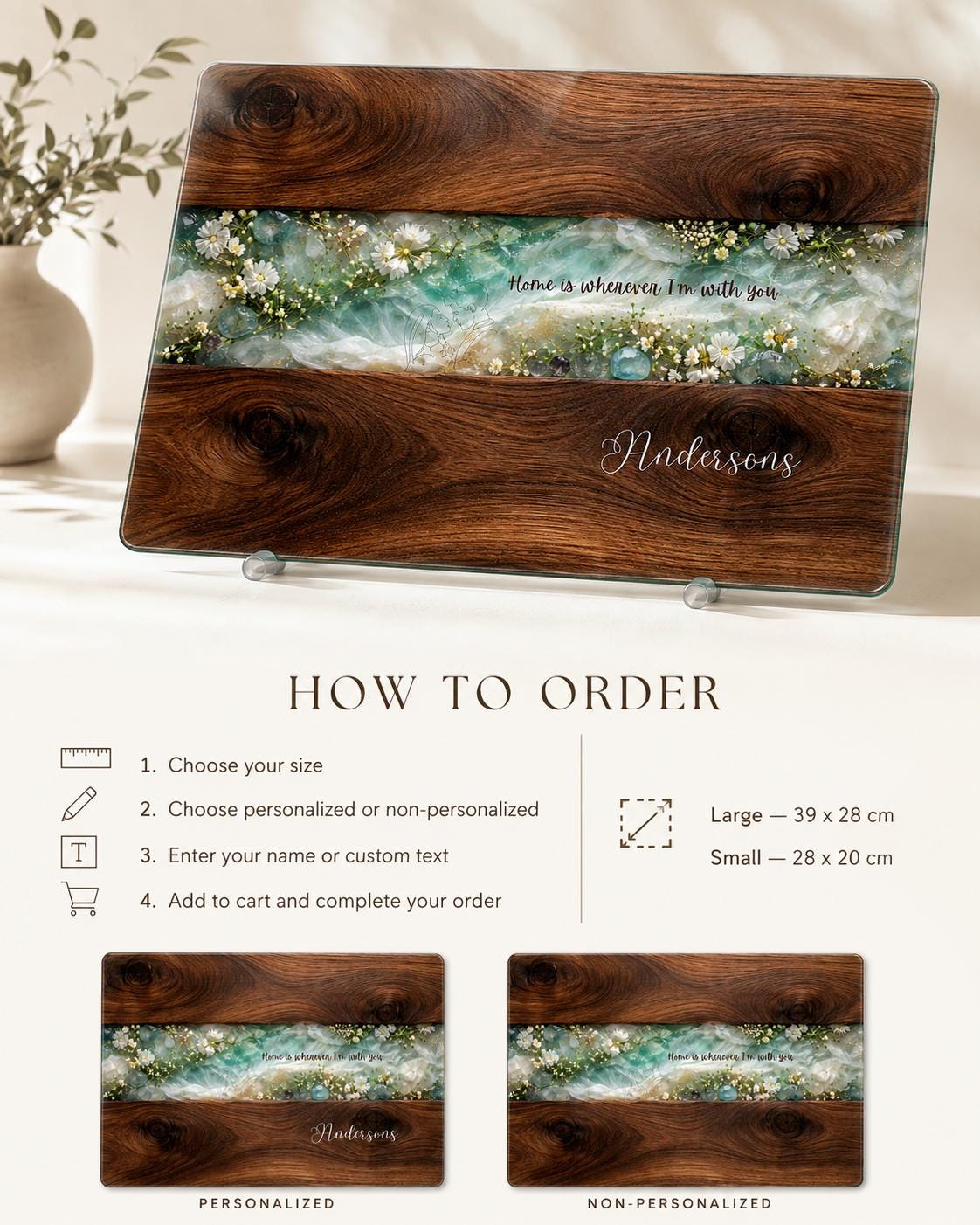 Personalised glass chopping board how to order guide showing 39 x 28 cm and 28 x 20 cm sizes, with personalised or non-personalised options and custom family name.