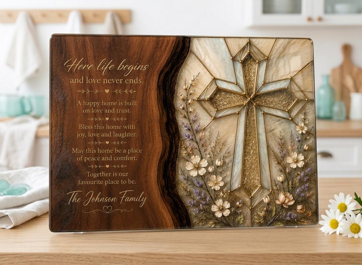 Personalised Christian Housewarming Gift, Glass Chopping Board with Family Blessing, Floral Cross Worktop Saver, New Home Gift