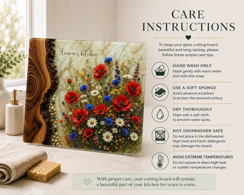 Personalised glass cutting board with wood grain and wildflower epoxy resin effect design, featuring red poppies, daisies and blue cornflowers, shown beside care instructions for hand washing, soft sponge cleaning and drying.