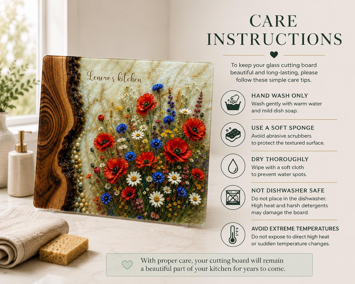 Personalised glass cutting board with wood grain and wildflower epoxy resin effect design, featuring red poppies, daisies and blue cornflowers, shown beside care instructions for hand washing, soft sponge cleaning and drying.