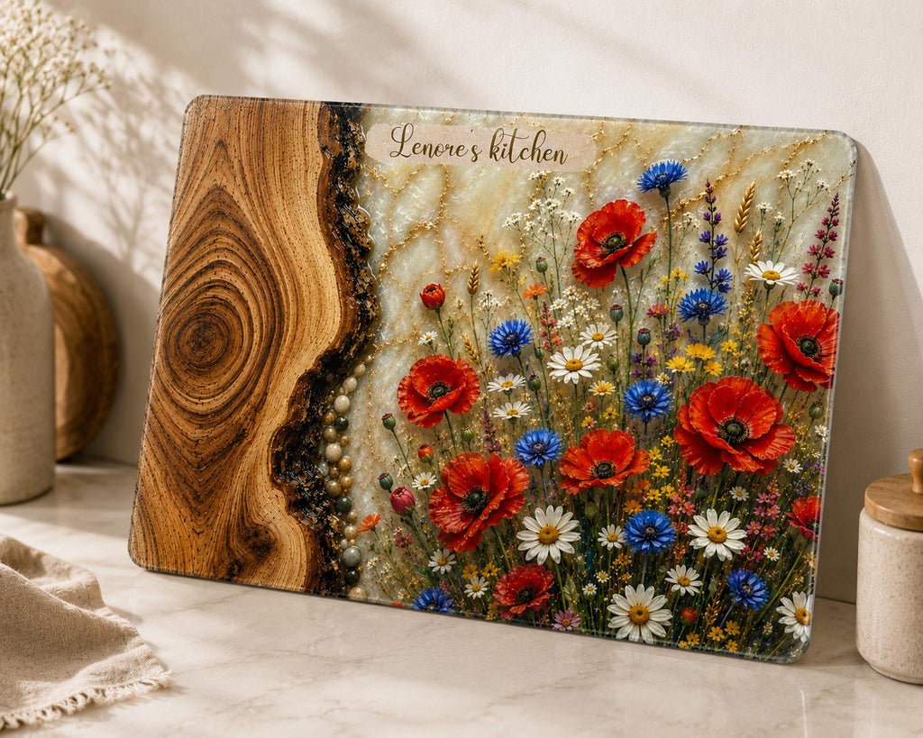Personalised reinforced glass cutting board with epoxy resin style wood and wildflower design, 'Lenore's kitchen' text, and polished edges, displayed on a light kitchen countertop.